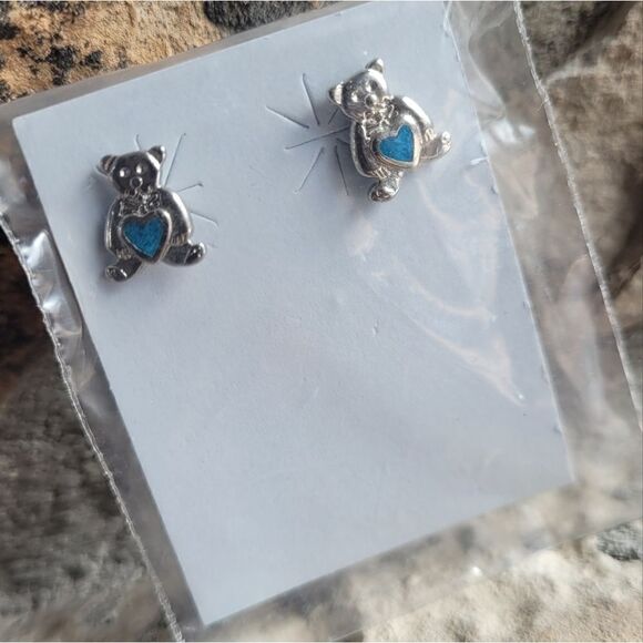 New! Teddy Bear Genuine Turquoise Inlay Stud Earrings - Picture 2 of 3